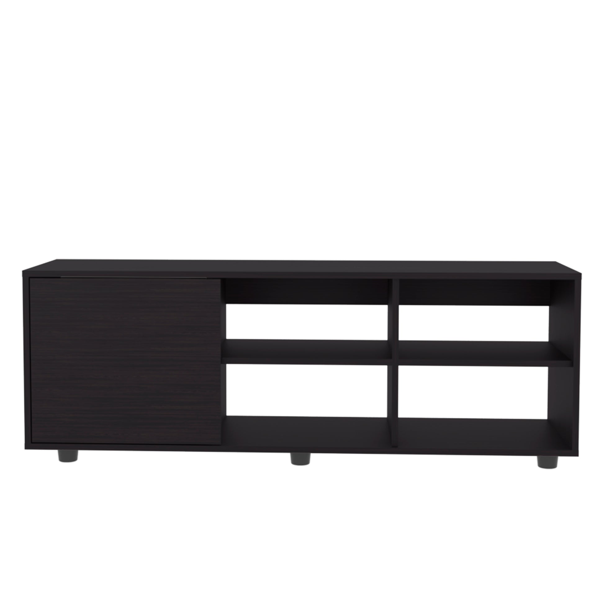 Dark wood media console with sliding door and open shelves
