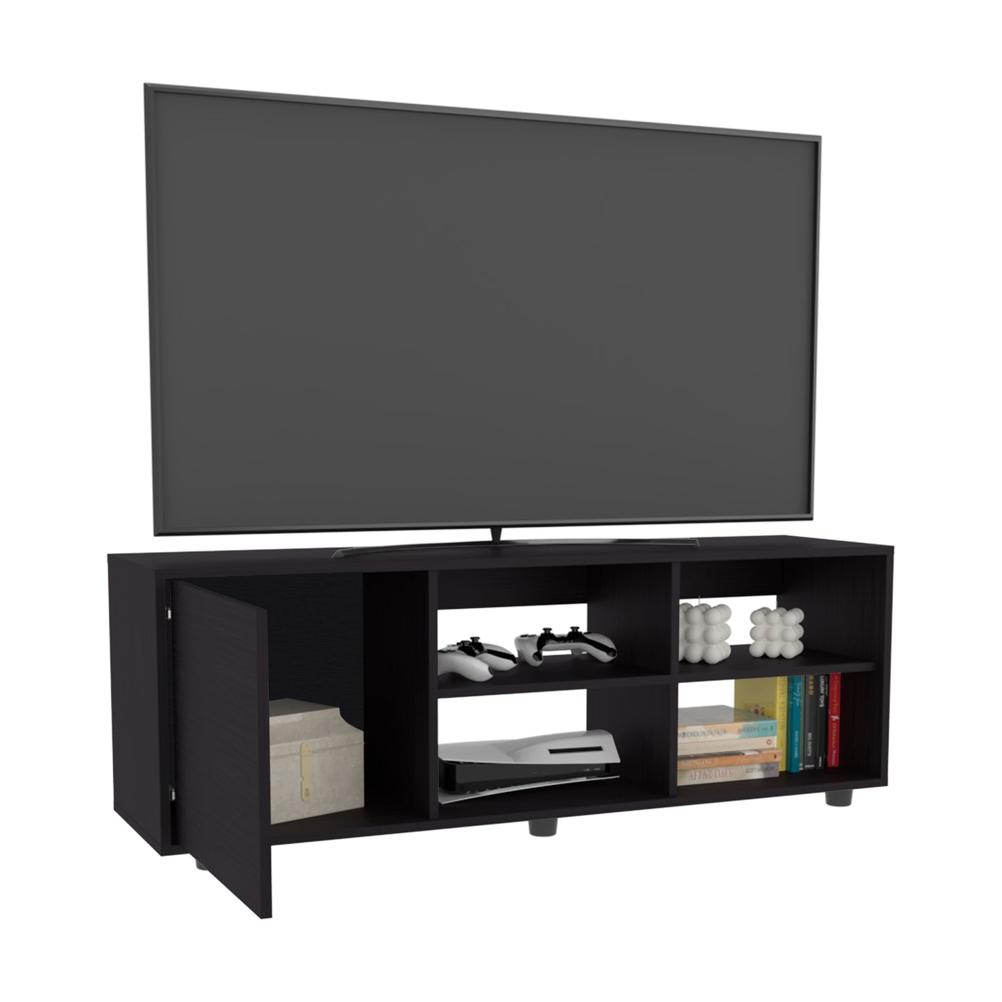 Black modern tv stand with open shelves and storage cabinet