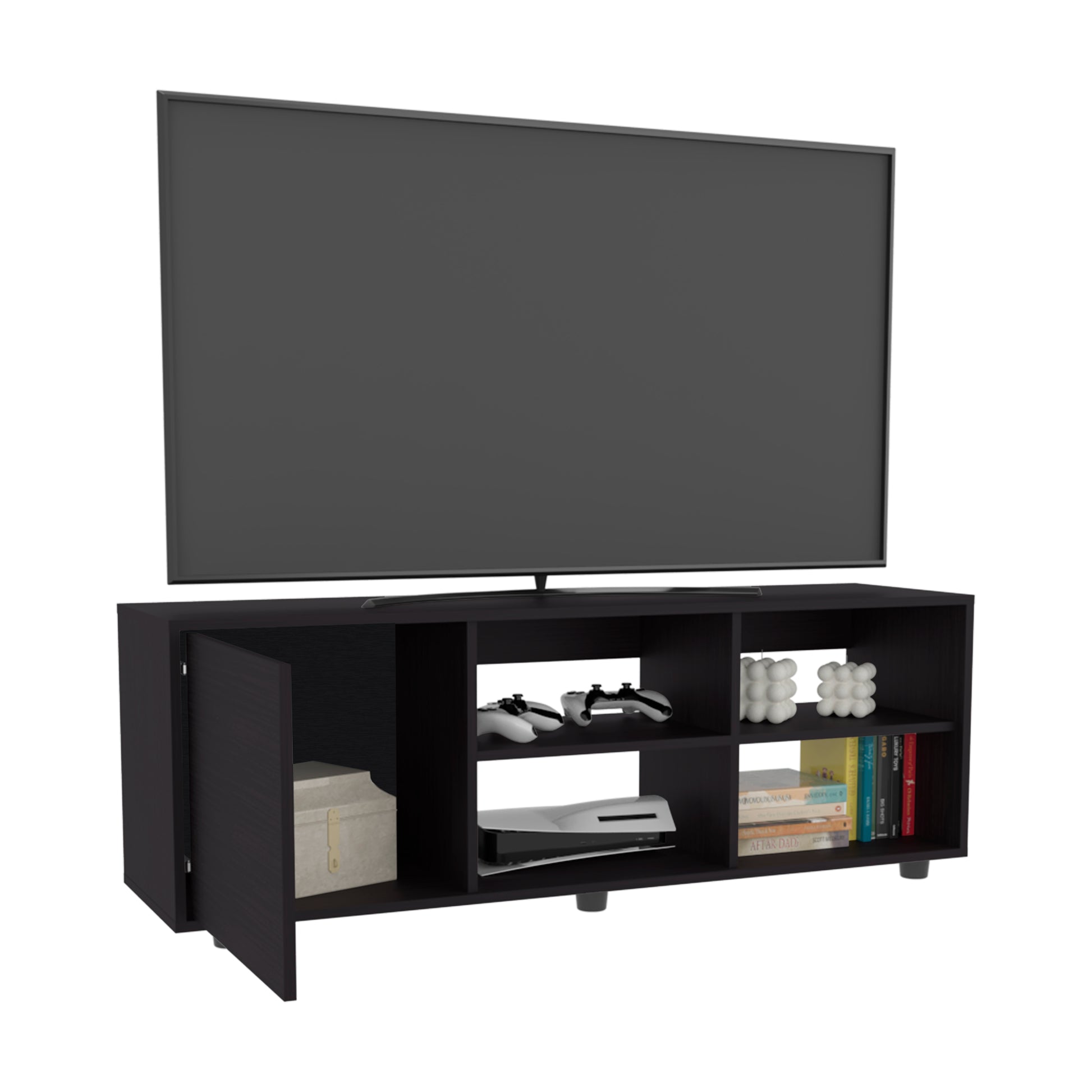 Black modern tv stand with open shelves and storage cabinet