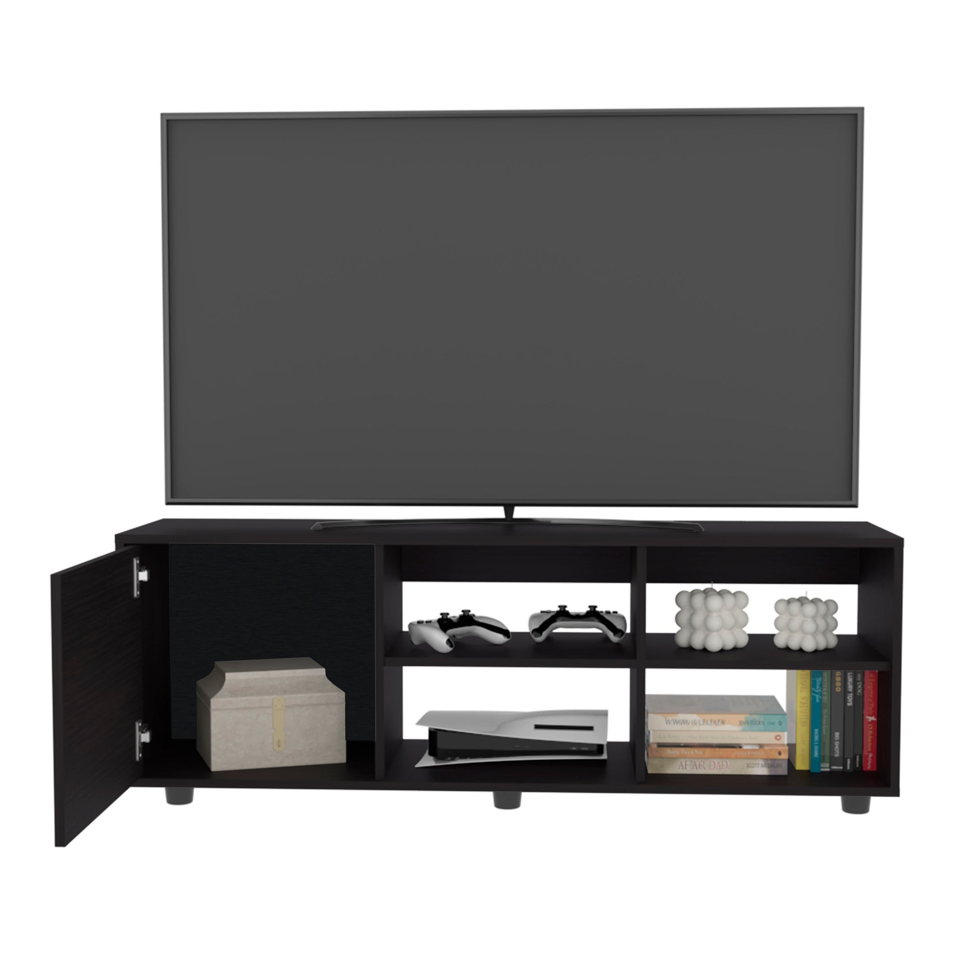 Dark wood media console with open shelving and one closed cabinet
