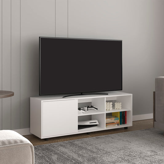 White modern TV stand with open shelves and cabinet