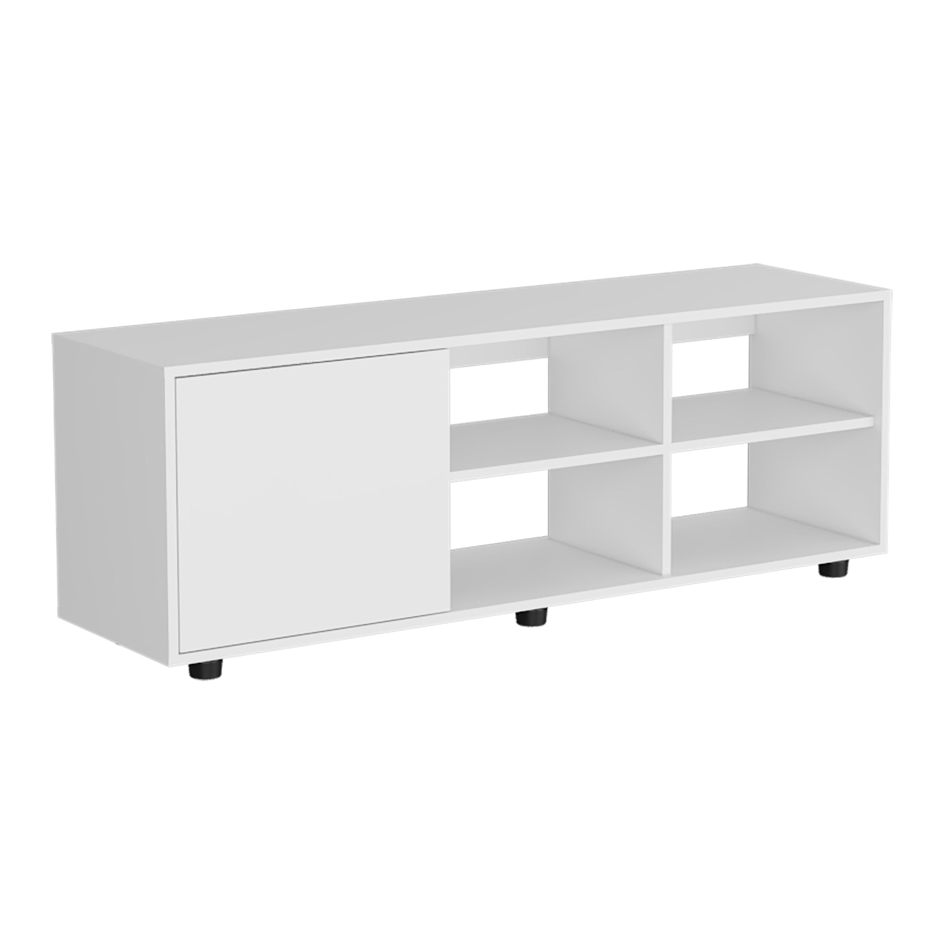 Modern white media console with sliding door and open shelves