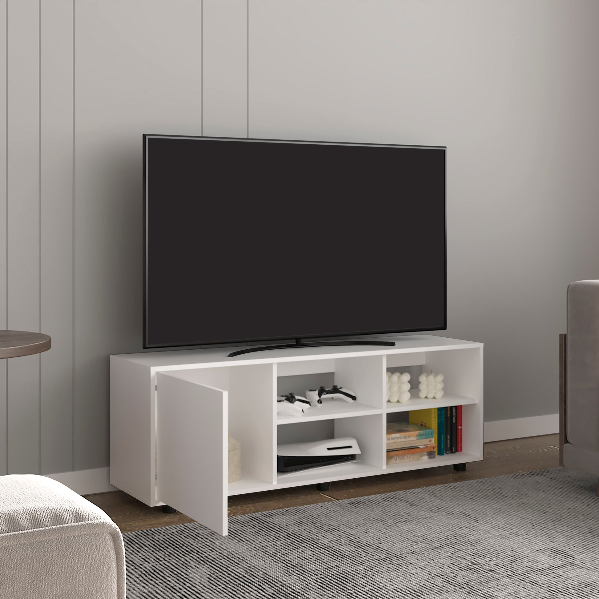 Modern white TV stand with open shelving and cabinet doors