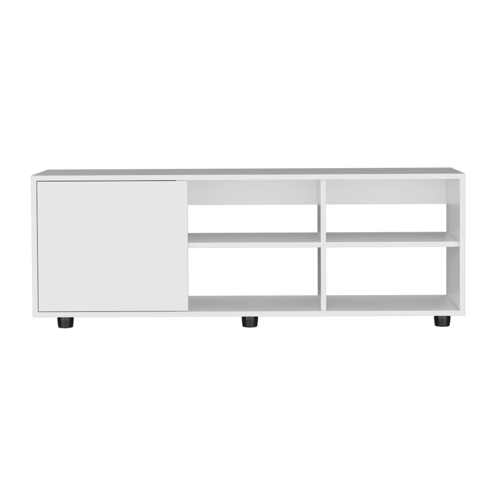 Modern white media console with closed cabinet and open shelving