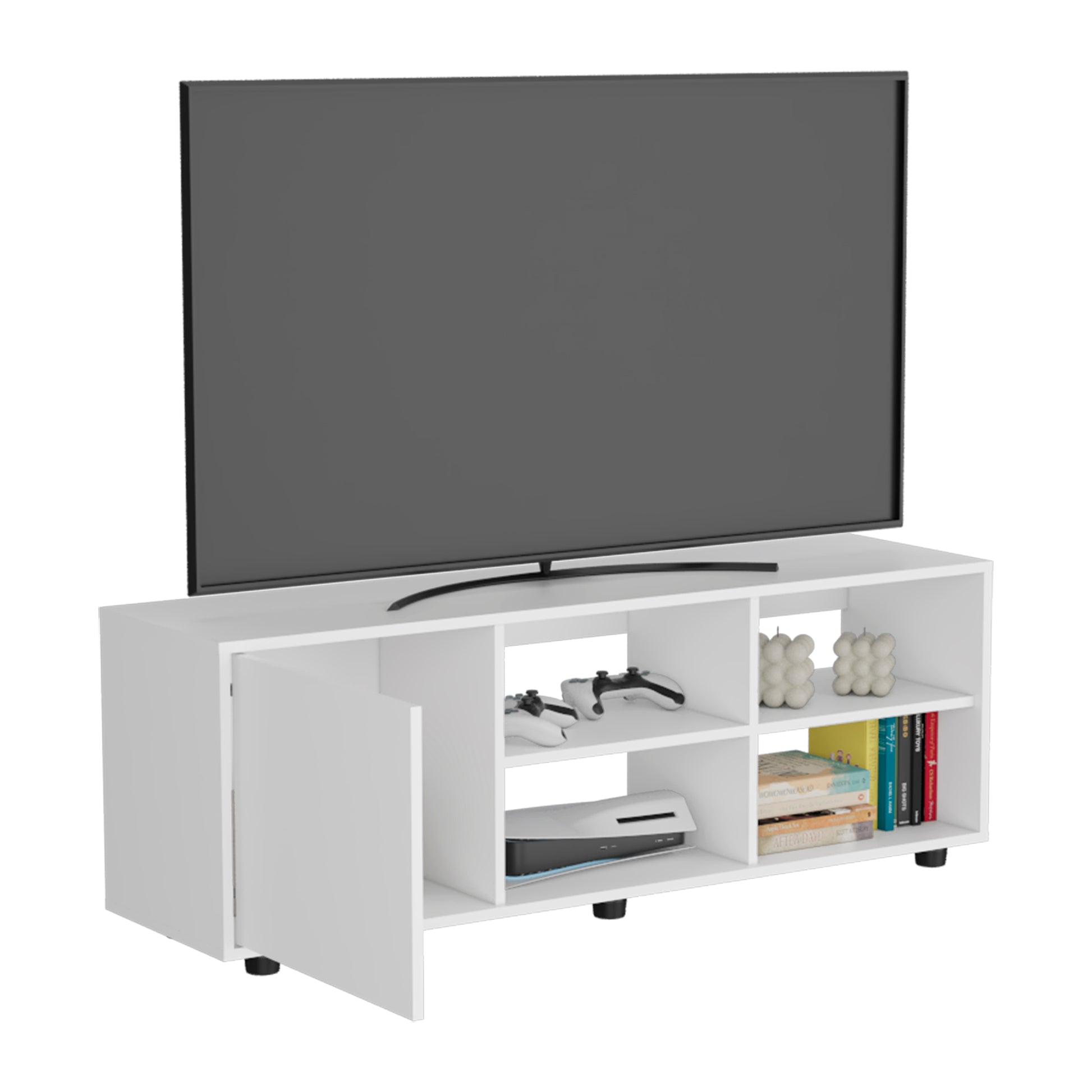 White modern media console with open shelves and a closed cabinet door