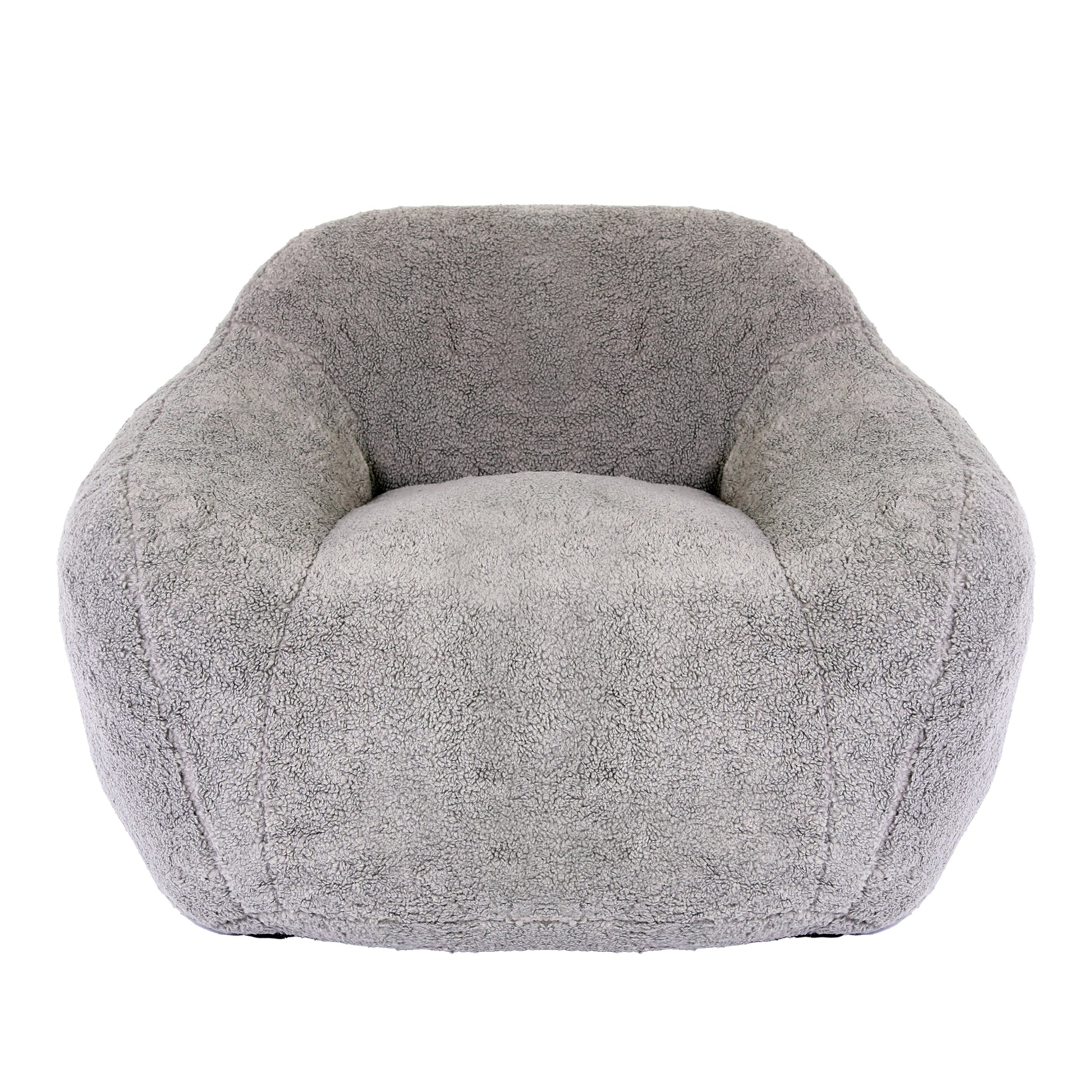 Plush grey boucle armchair with rounded silhouette