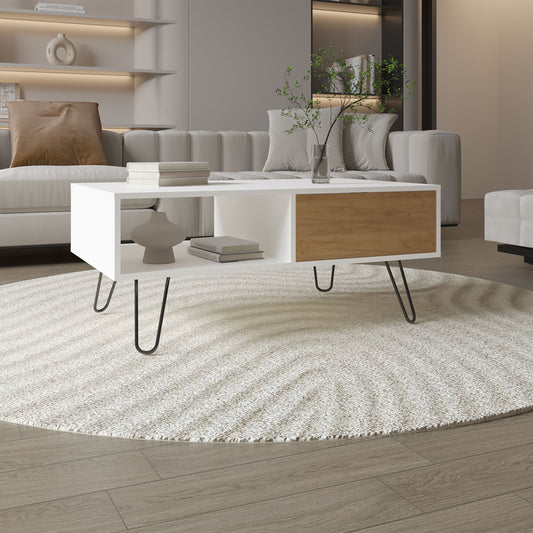 Modern white coffee table with wood drawer and hairpin legs