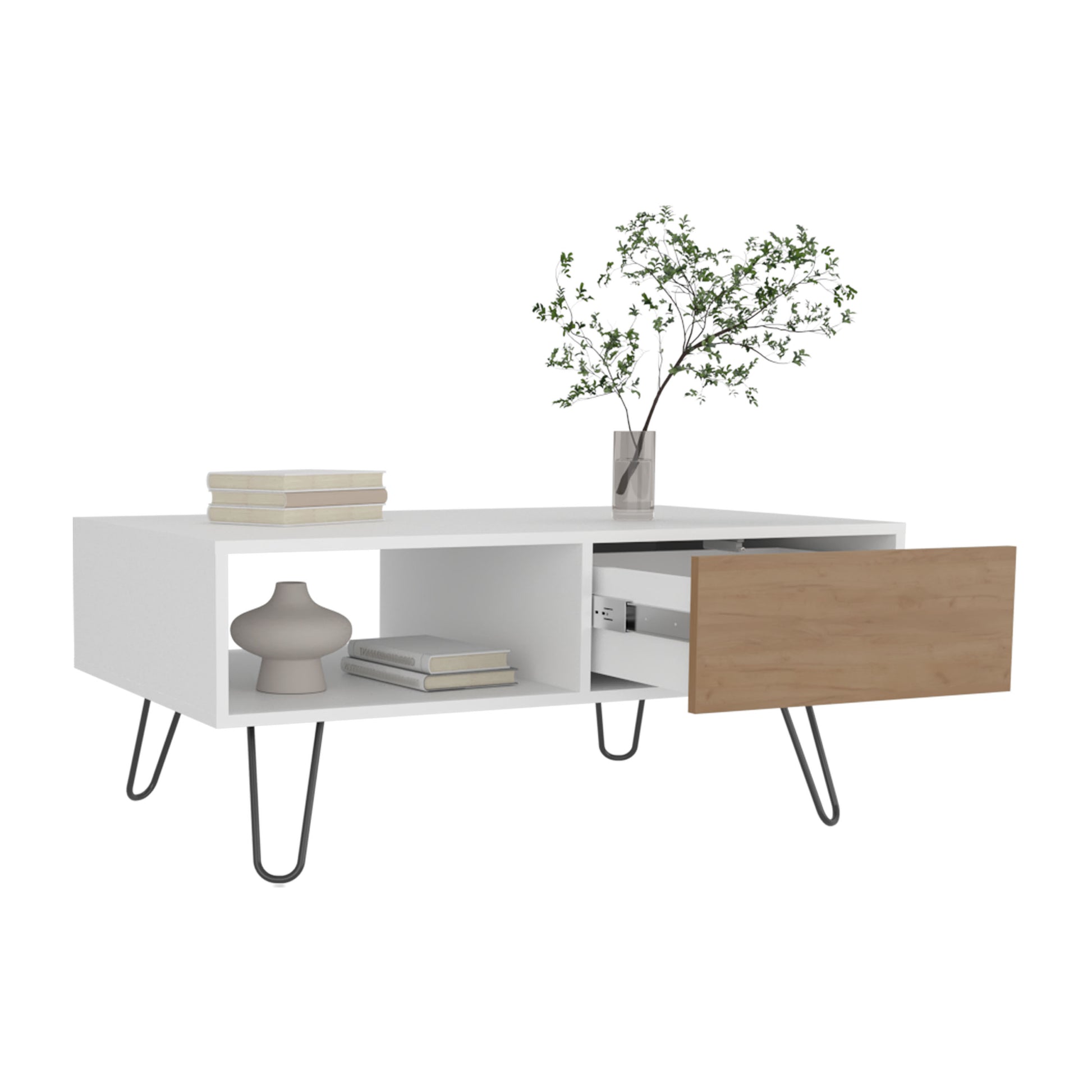White modern TV stand with open shelving and a woodgrain drawer