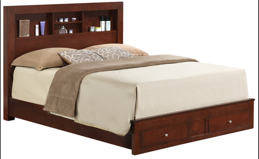 Dark cherry wood full bed with storage headboard and two drawers