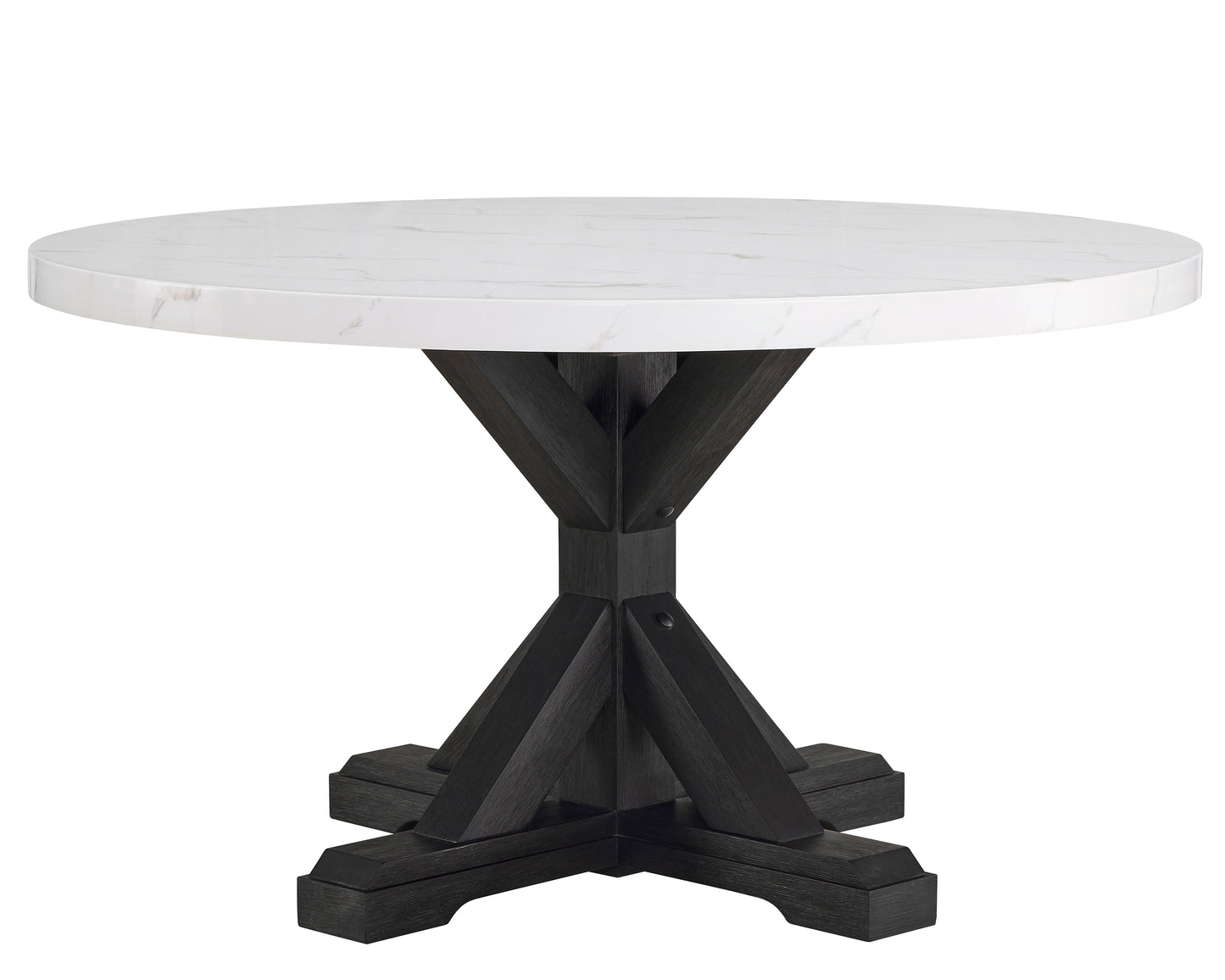 Round marble top dining table with dark wood pedestal base