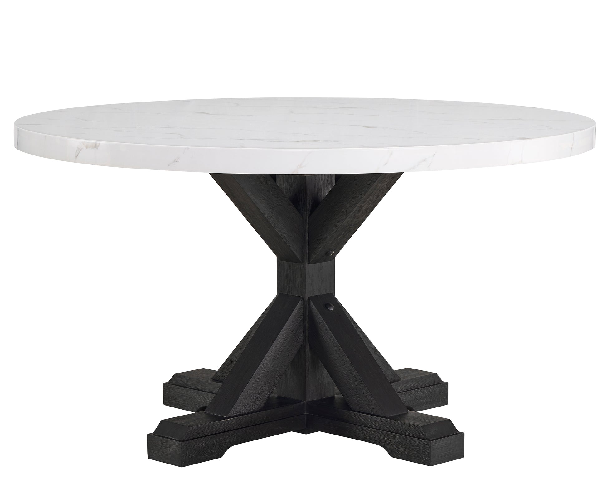 Round marble top dining table with dark wood pedestal base
