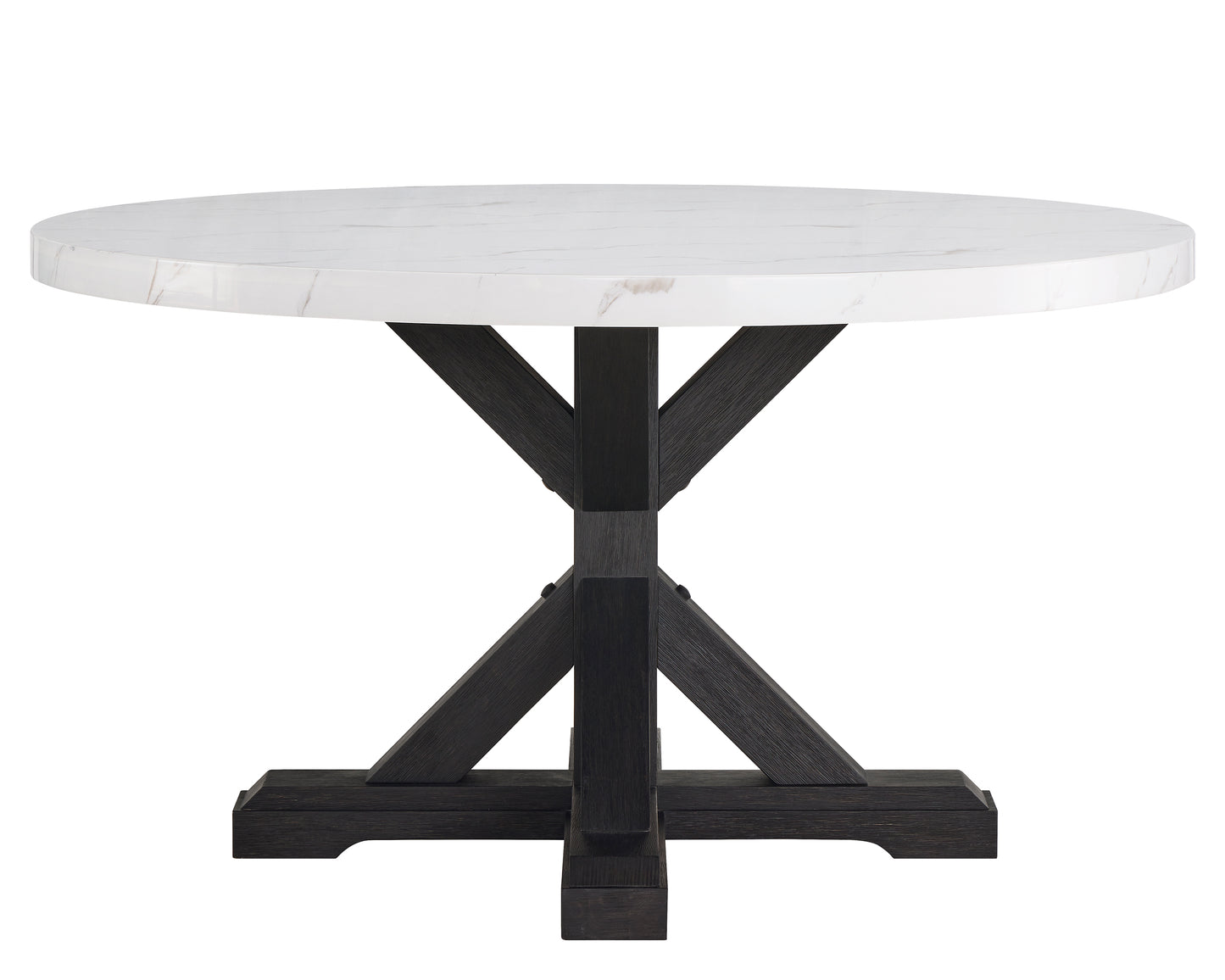 Round marble dining table with a dark wood pedestal base