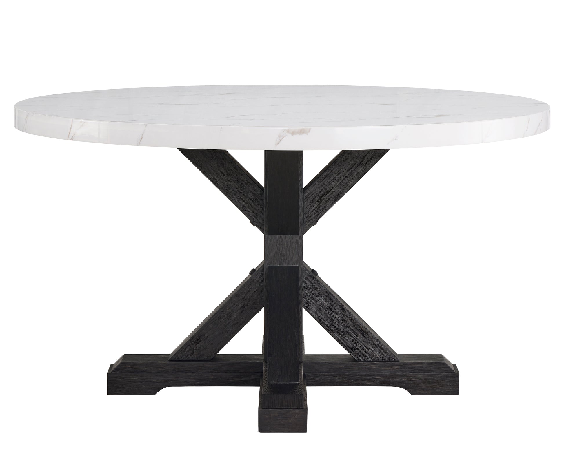 Round marble dining table with a dark wood pedestal base