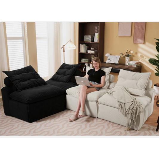 Black corduroy modular sectional sofa with plush cushions