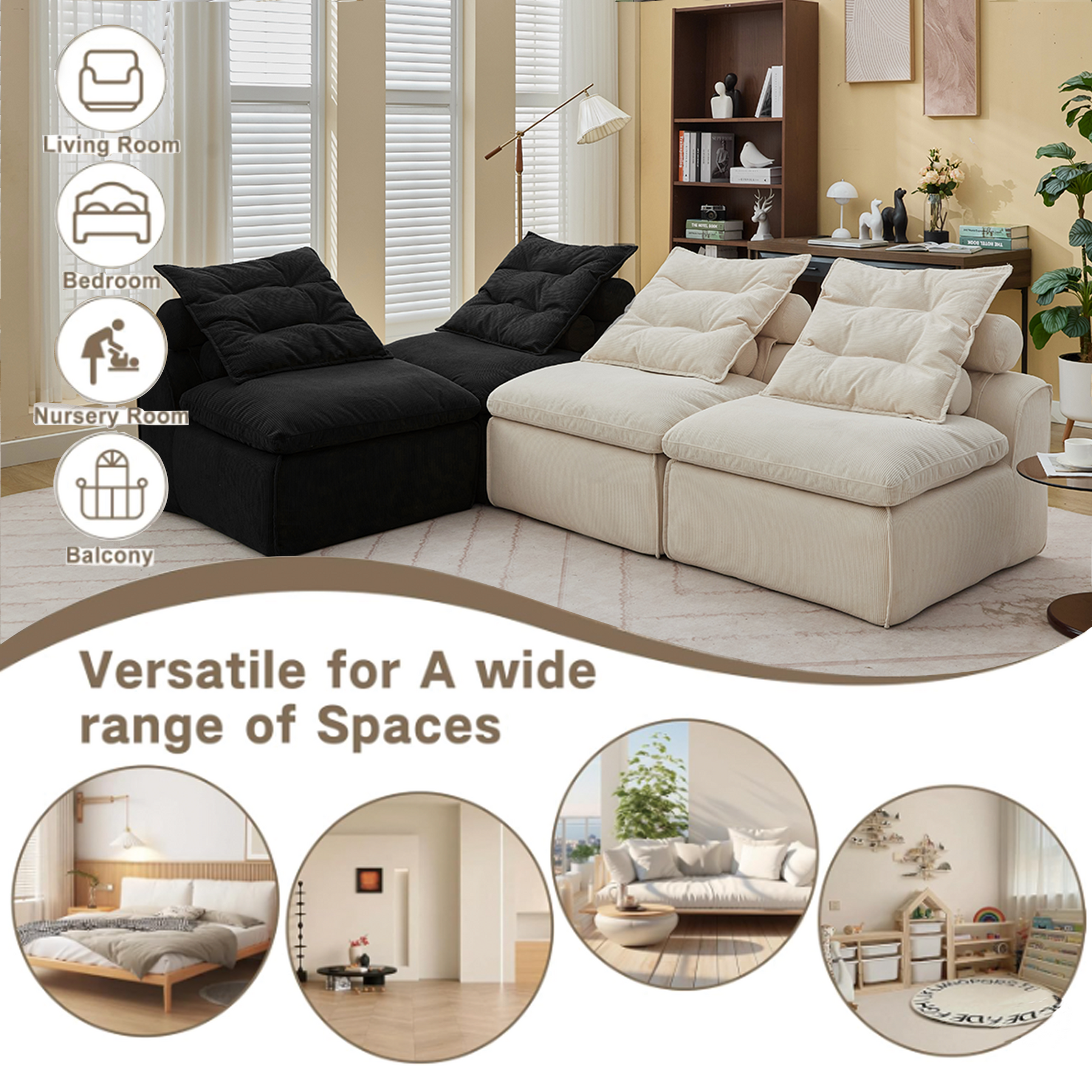 Black corduroy modular sofa with plush cushions in a living room setting