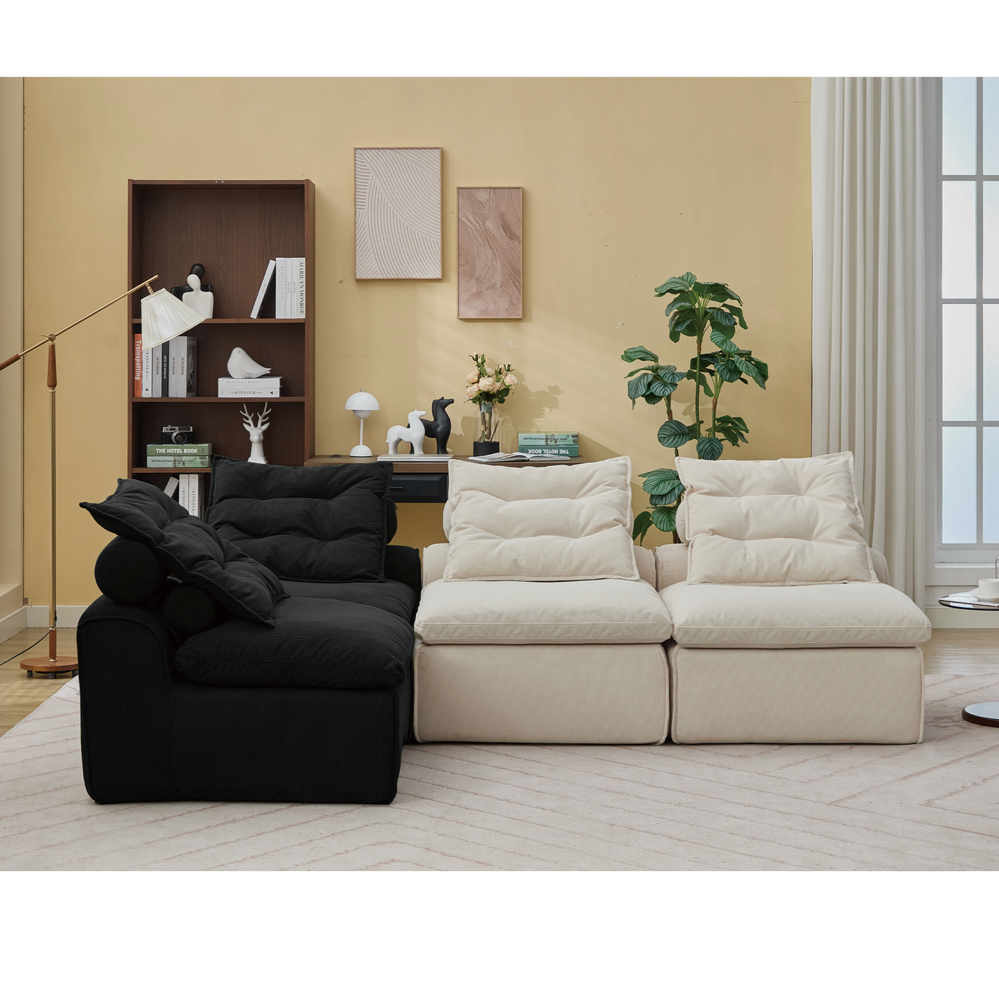 Black corduroy modular sofa with plush cushions