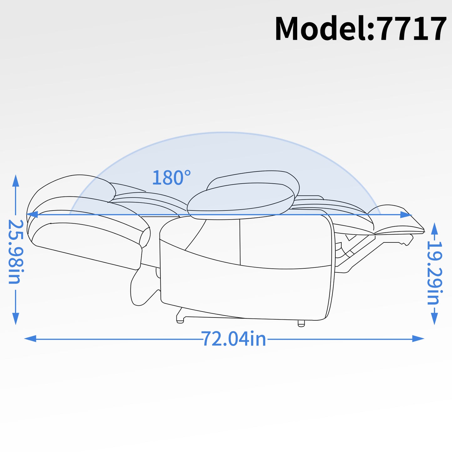Diagram showing massage chair reclined  degrees dimensions in L x in H x in W