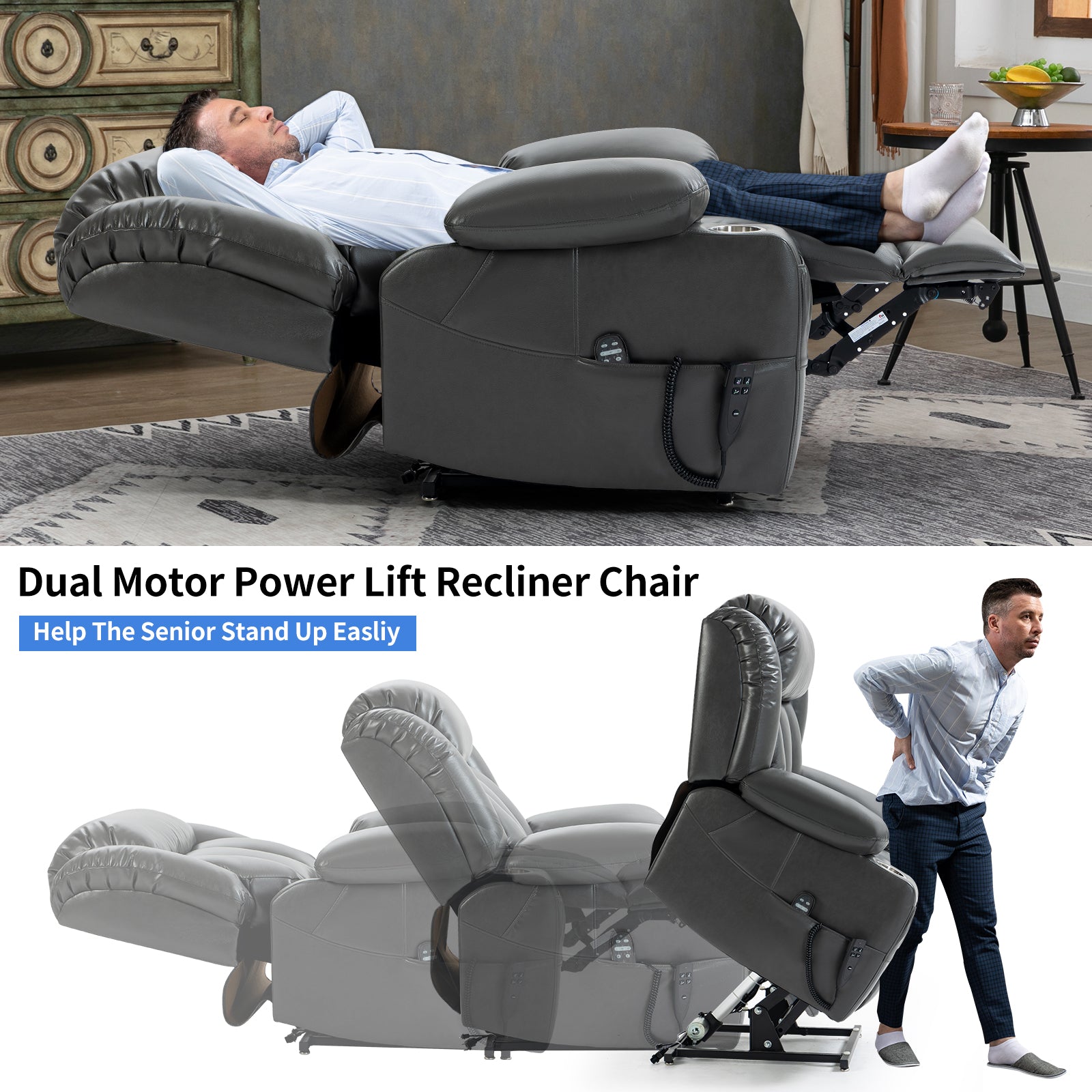 Dark grey dual motor power lift recliner chair with man relaxing