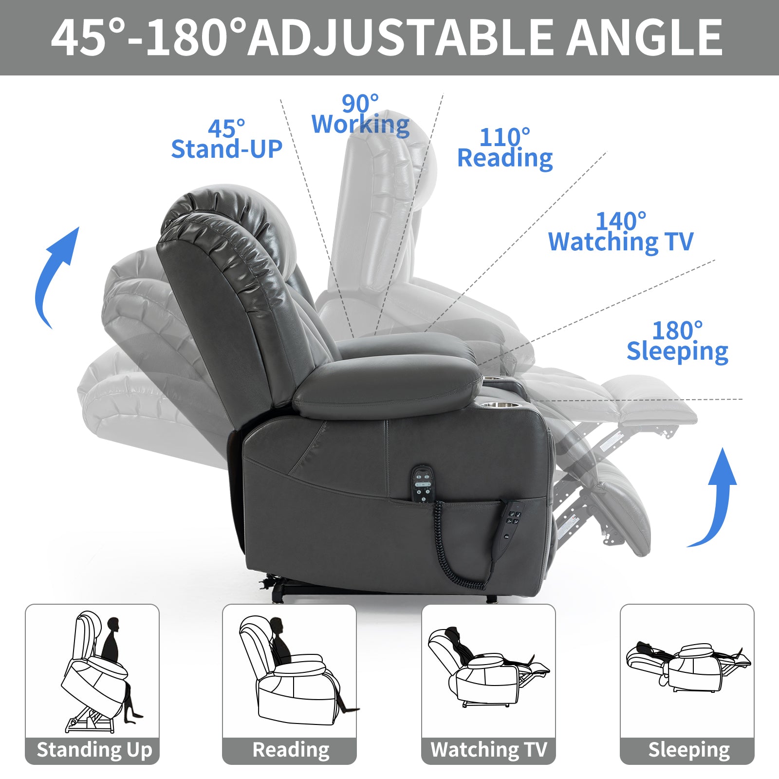 Dark gray leather power recliner chair with adjustable angles for comfort