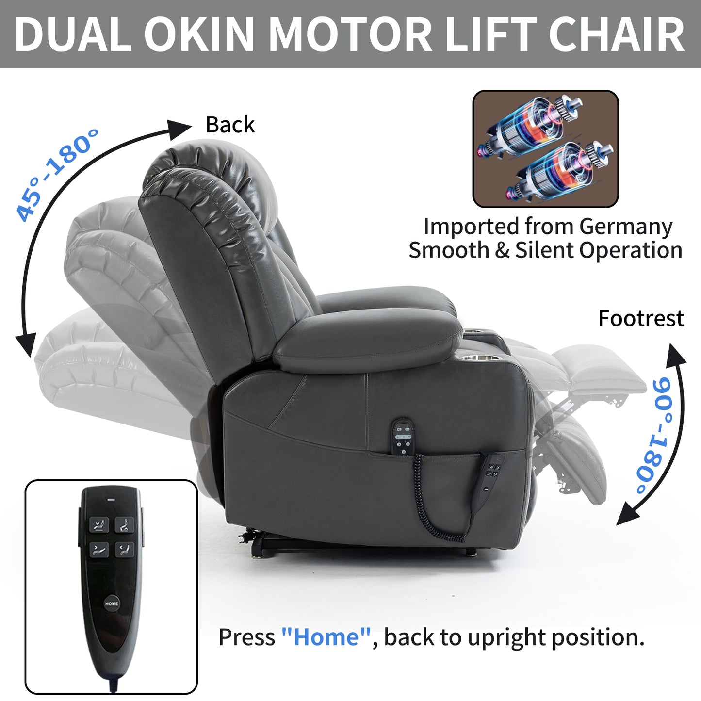 Dark grey leather dual motor lift chair reclined  degrees with footrest extended