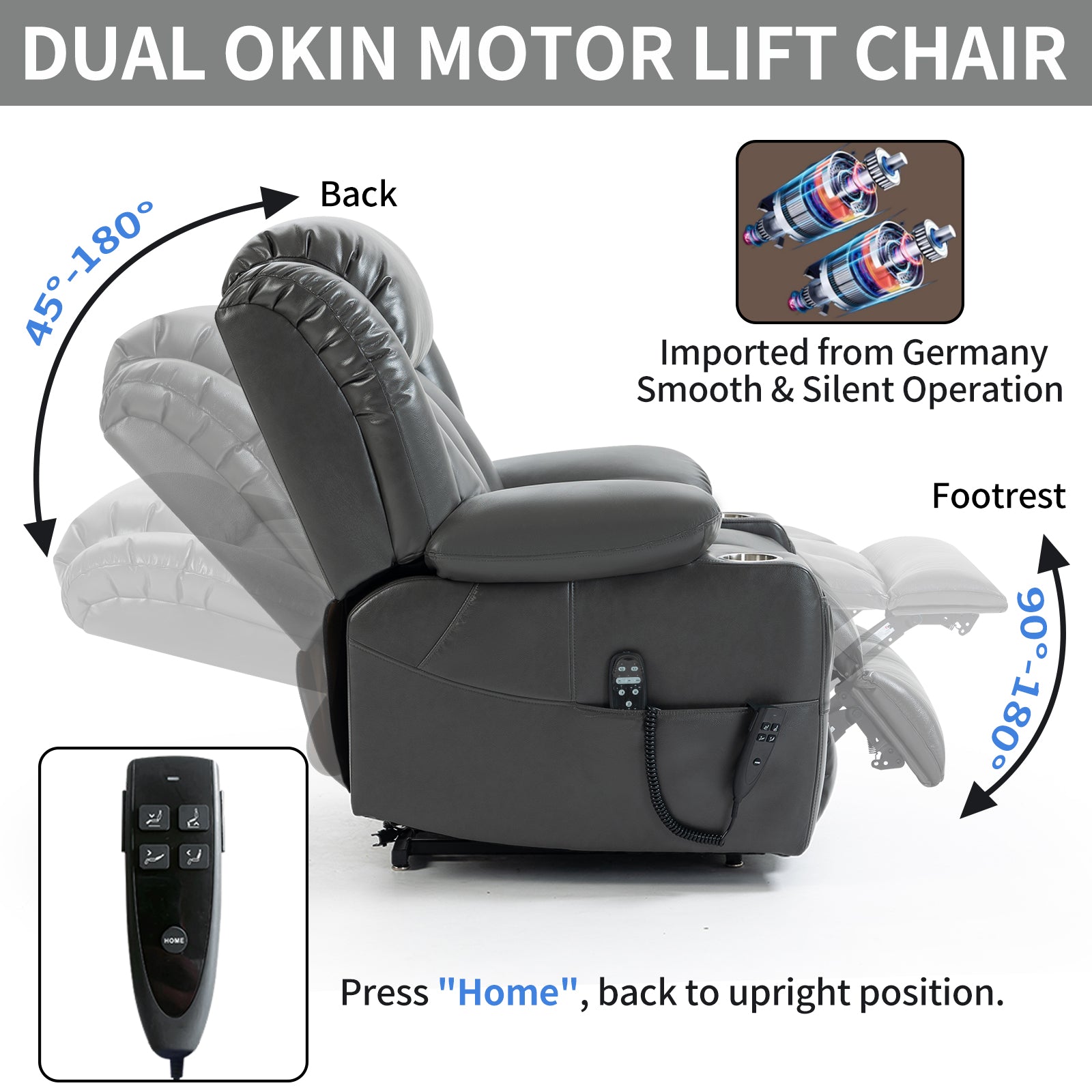 Dark grey leather dual motor lift chair reclined  degrees with footrest extended