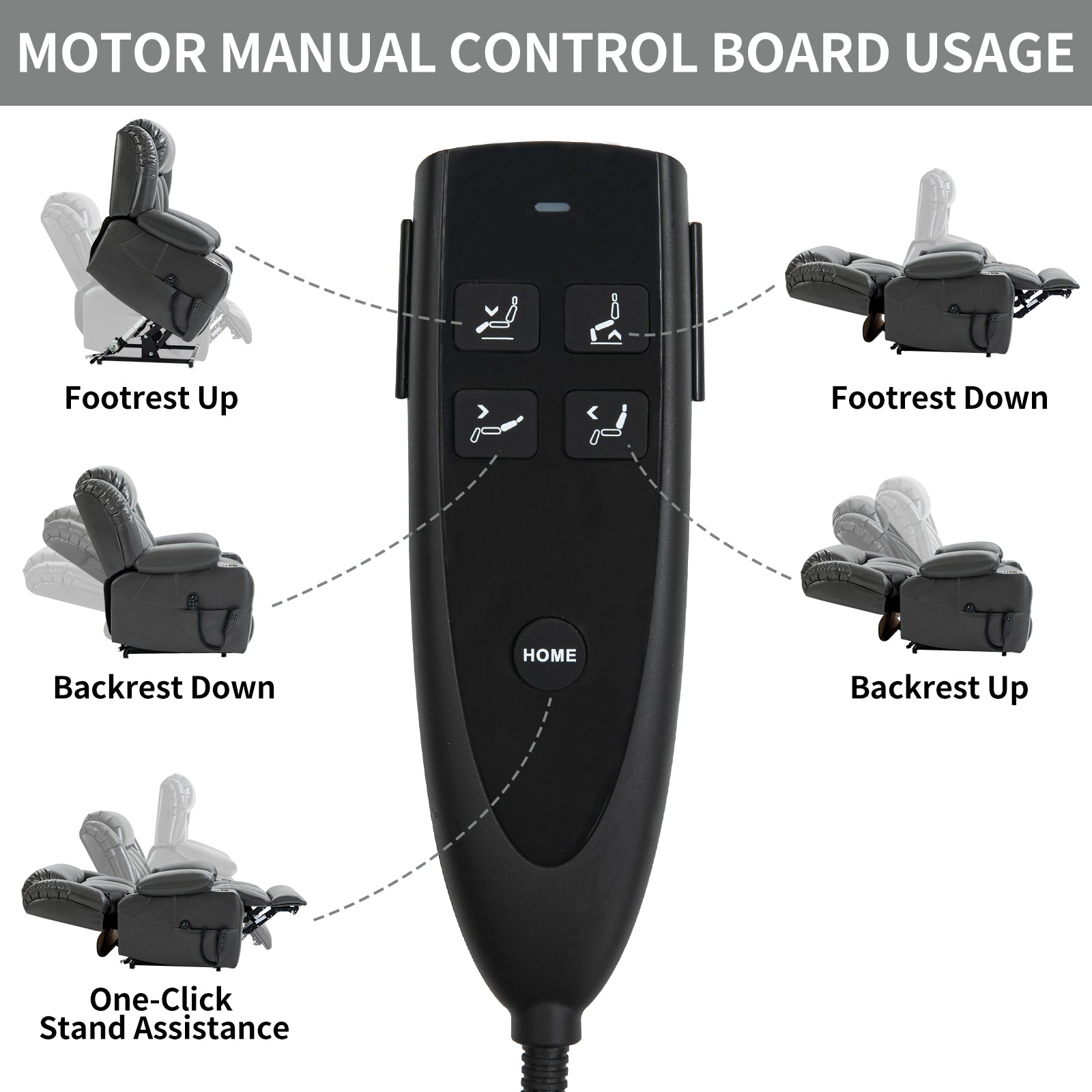 Black electric recliner controller for manual adjustments