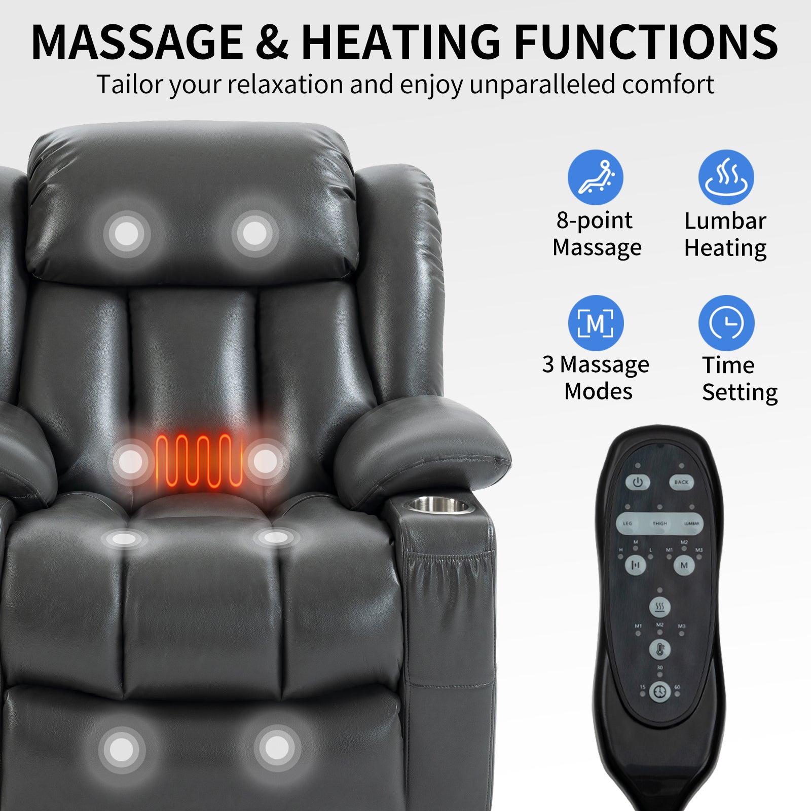 Black faux leather recliner chair with integrated point massage and heating functions