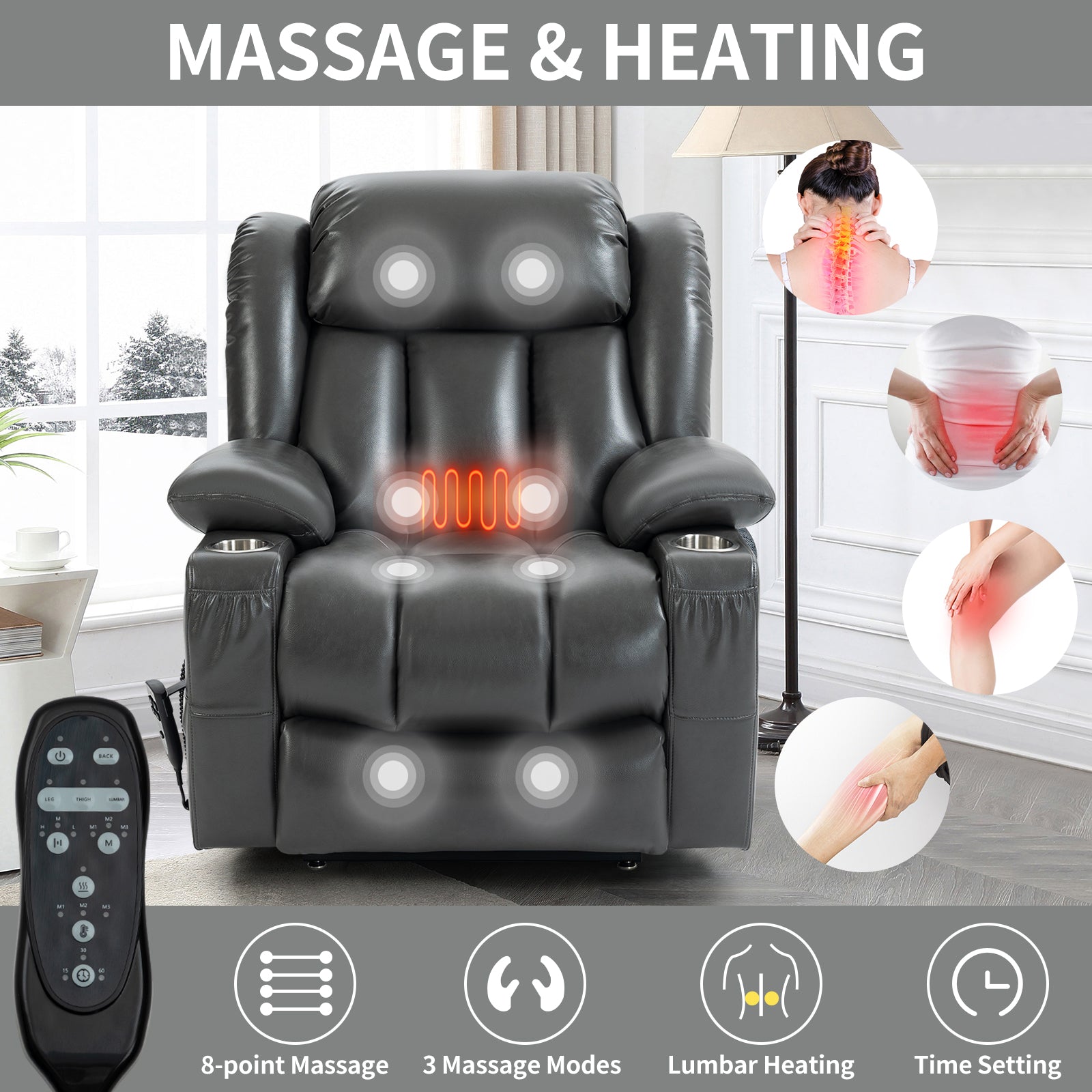 Gray faux leather massage recliner chair with lumbar heating and point massage nodes