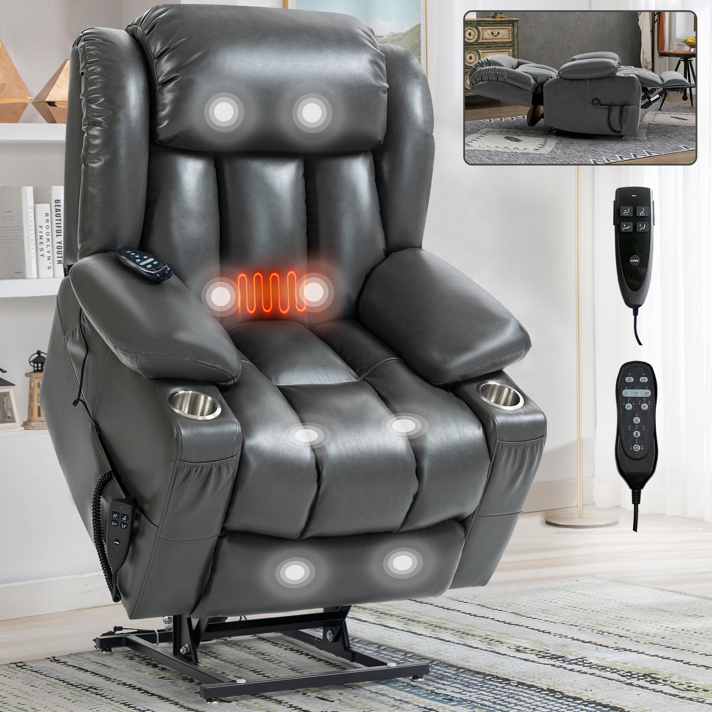 Grey faux leather lift recliner with heating and massage