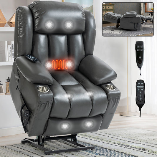 Grey faux leather lift recliner with heating and massage