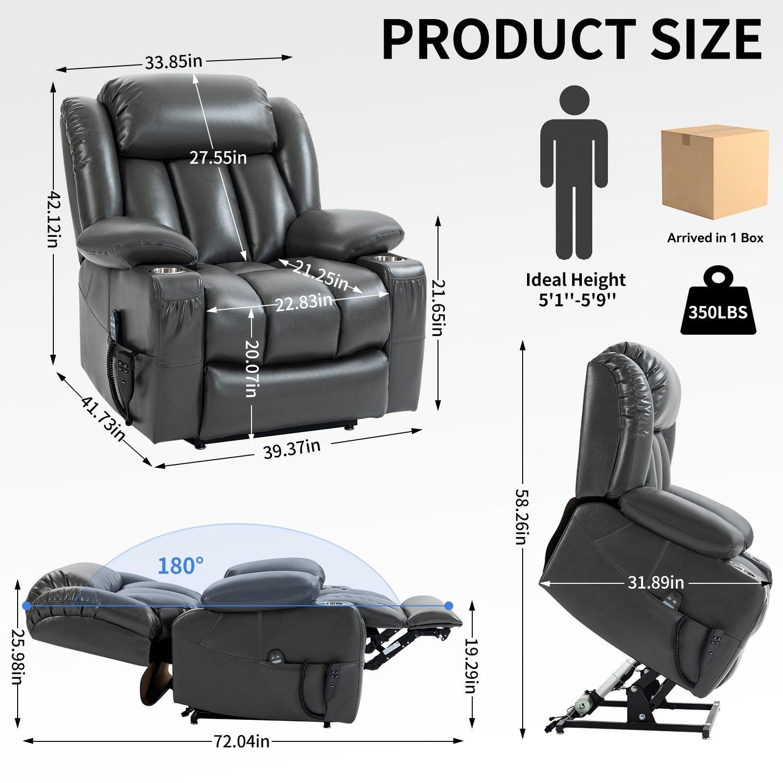 Gray leather power lift recliner with dual cup holders
