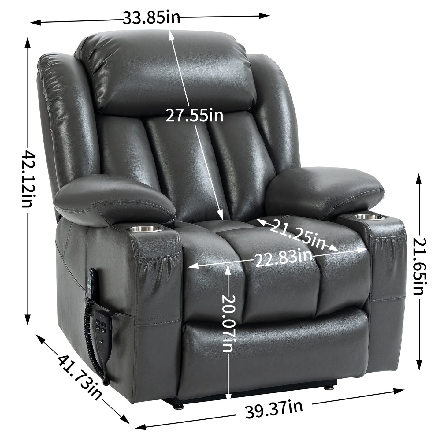 Dark gray leather power recliner with cup holders and side control panel
