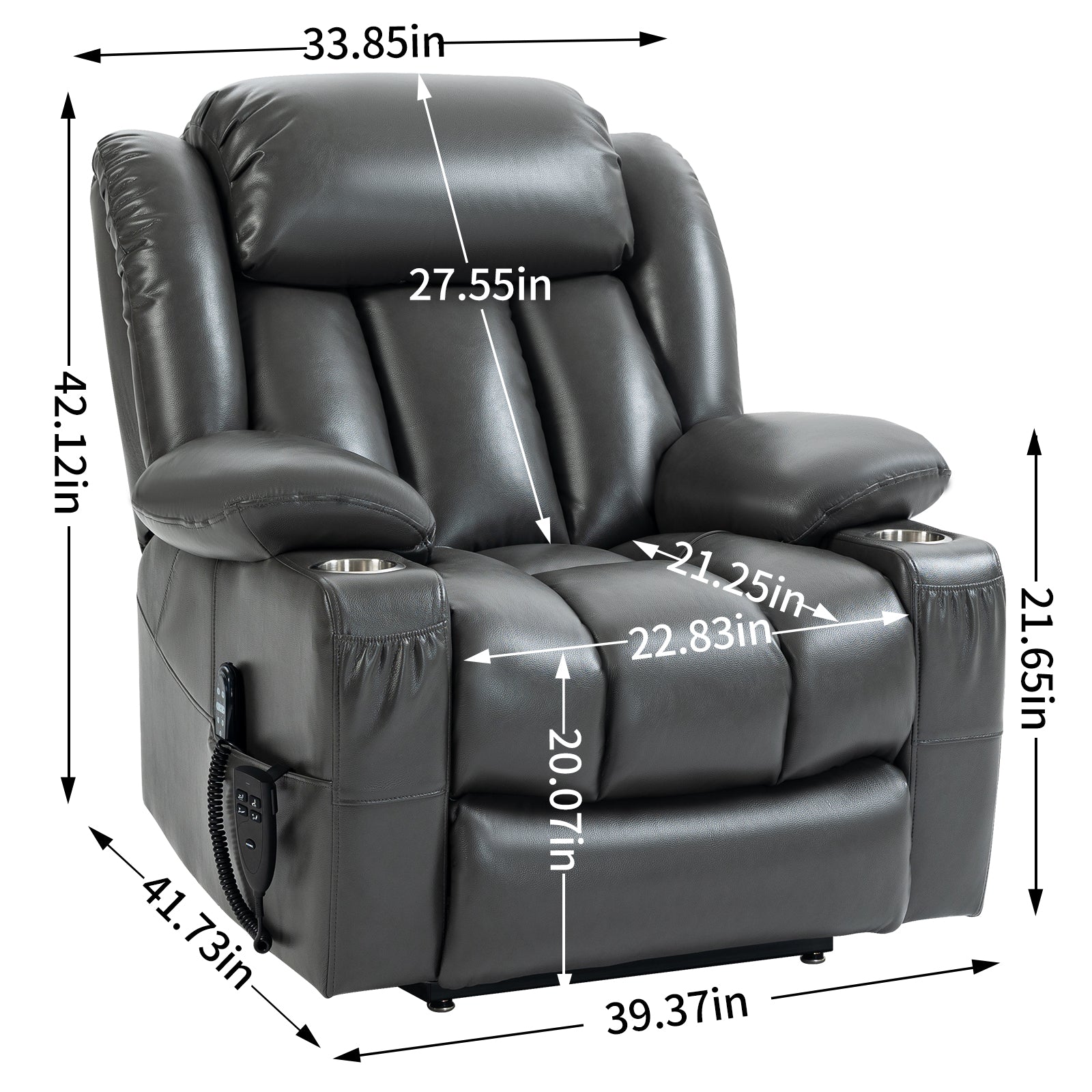 Dark gray leather power recliner with cup holders and side control panel