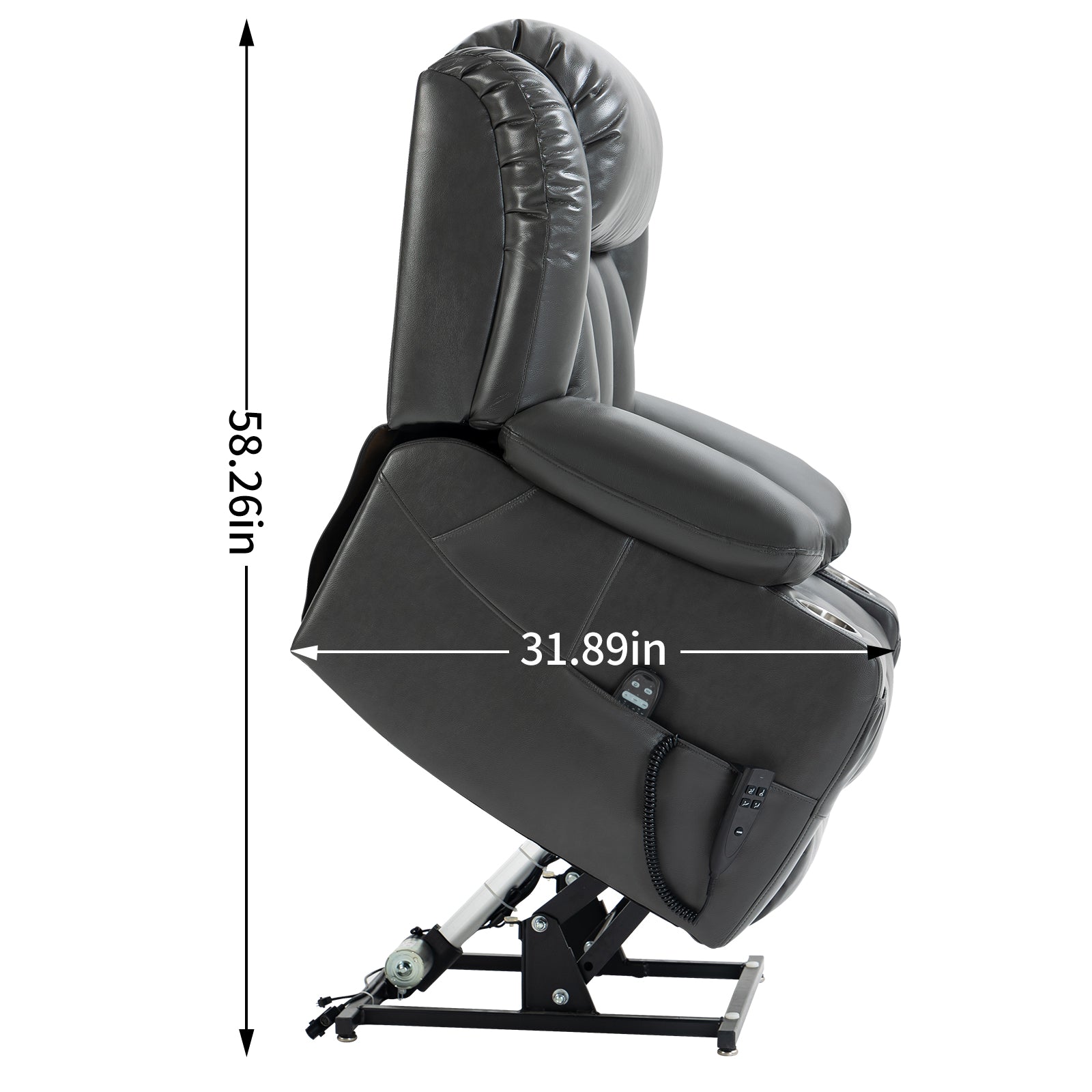 Dark gray leather lift recliner chair with plush cushioning and side controls