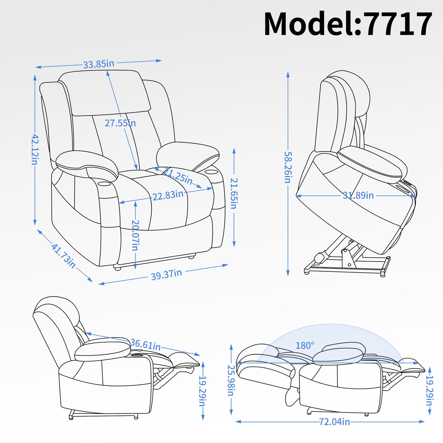 Recliner chair diagram showing dimensions for width depth and height Features include padded arms and headrest