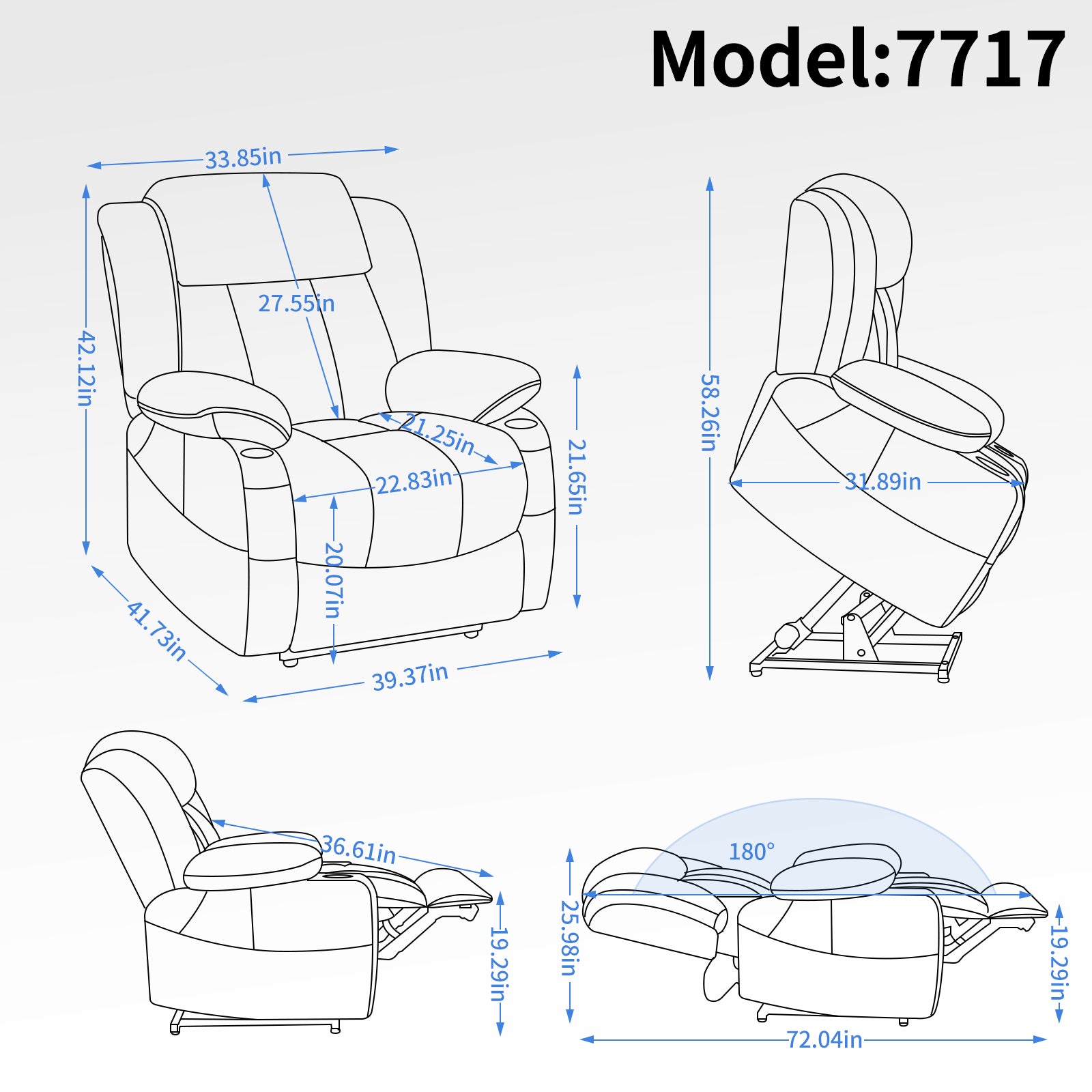 Recliner chair diagram showing dimensions for width depth and height Features include padded arms and headrest