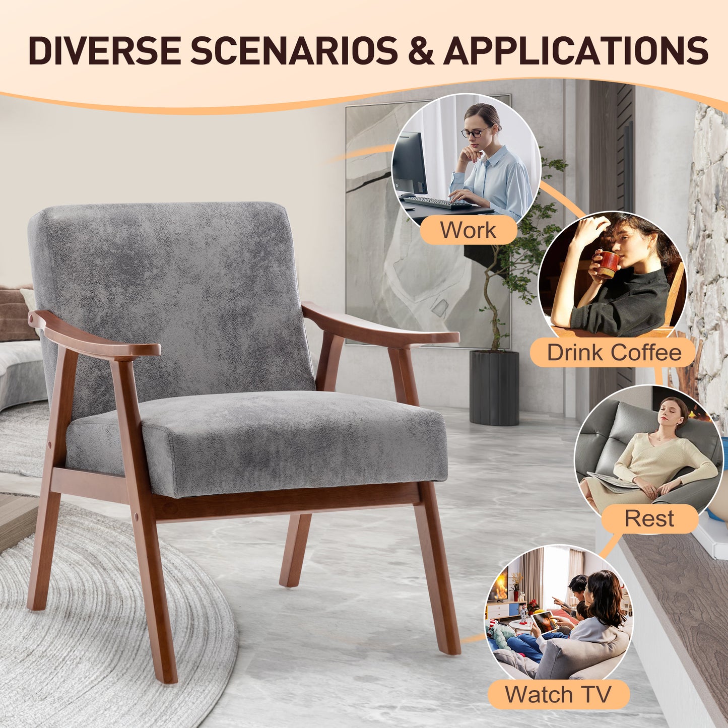 Modern grey fabric accent chair with wooden frame