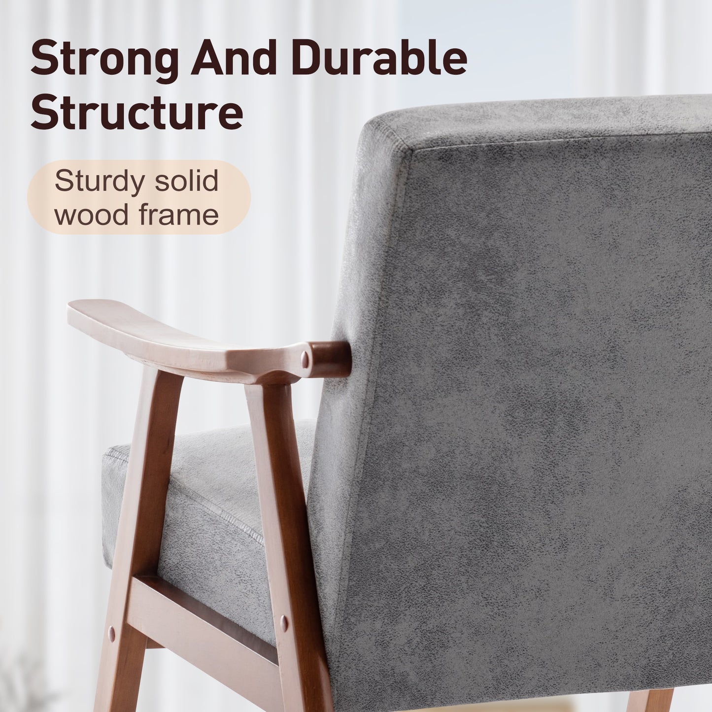 Gray upholstered accent chair with curved wooden armrests and solid wood frame