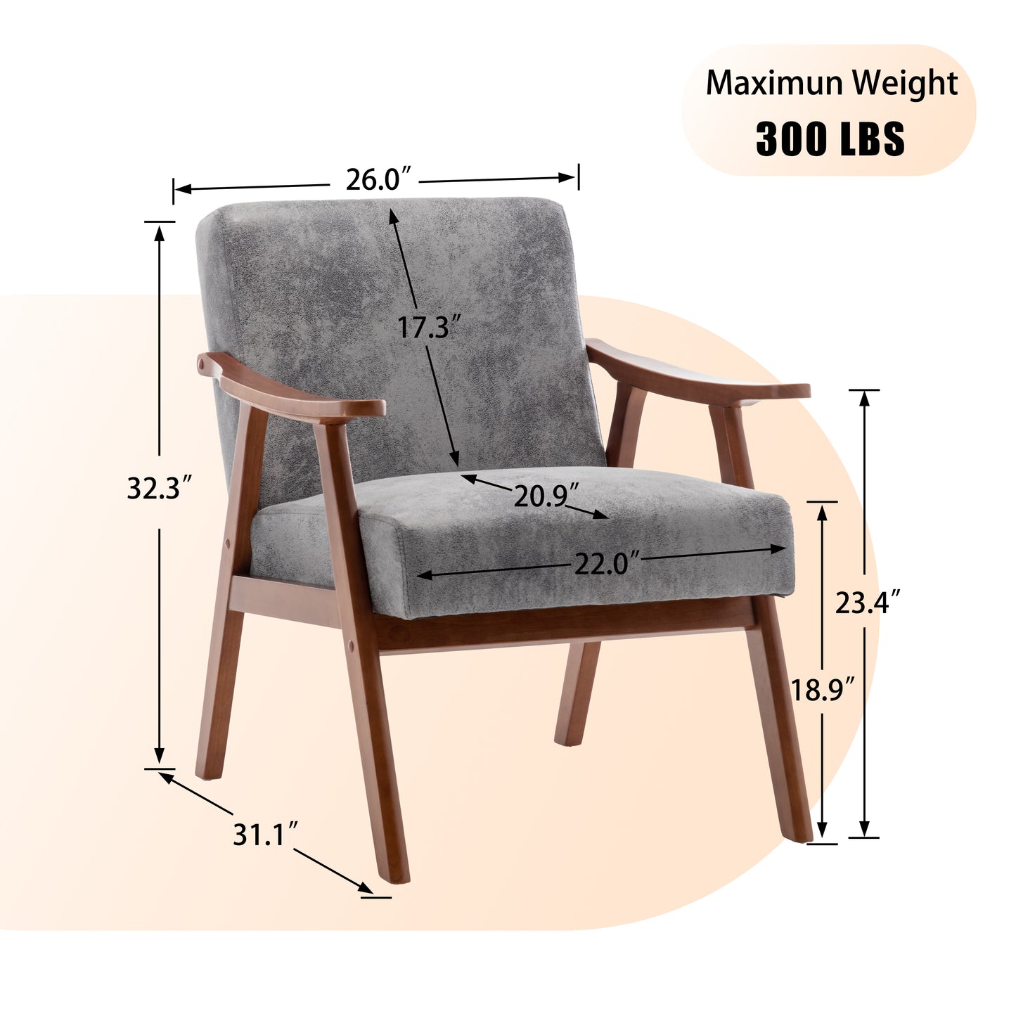 Gray upholstered accent chair with wooden legs