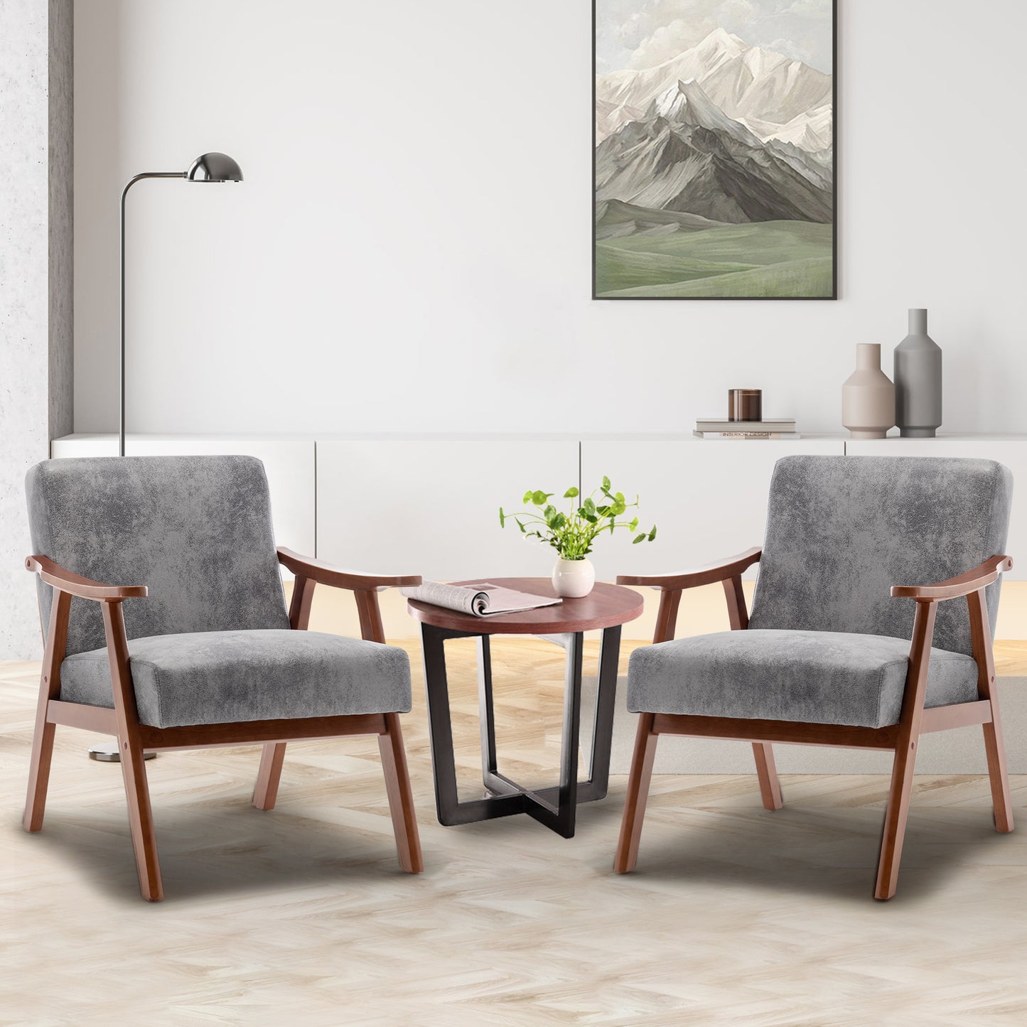 Gray fabric accent chair with wooden frame and arms
