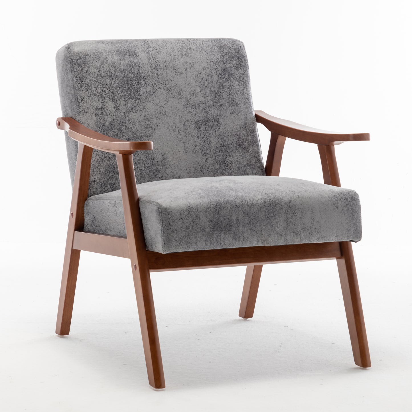 Grey upholstered armchair with wooden frame