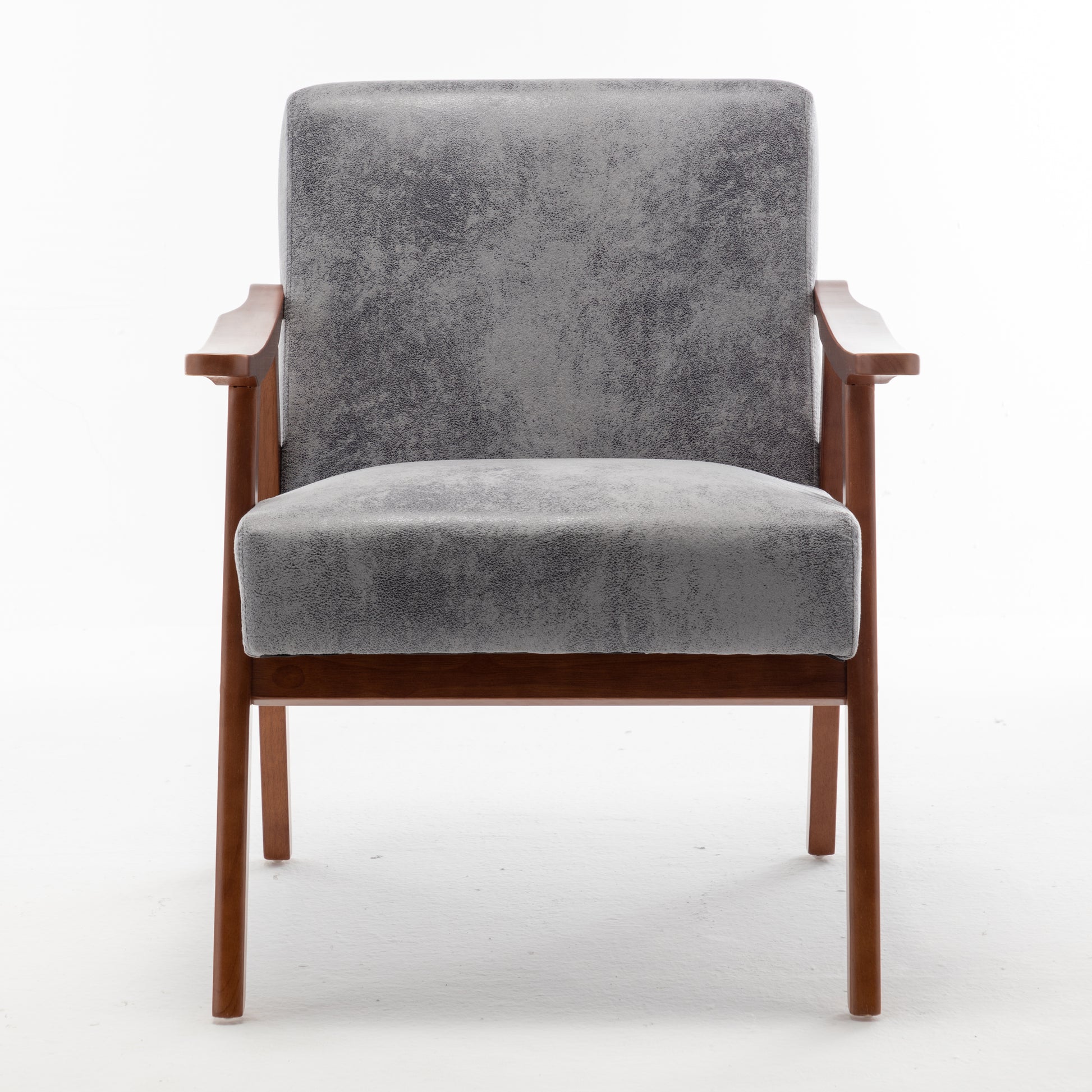 Grey upholstered armchair with wooden frame and arms