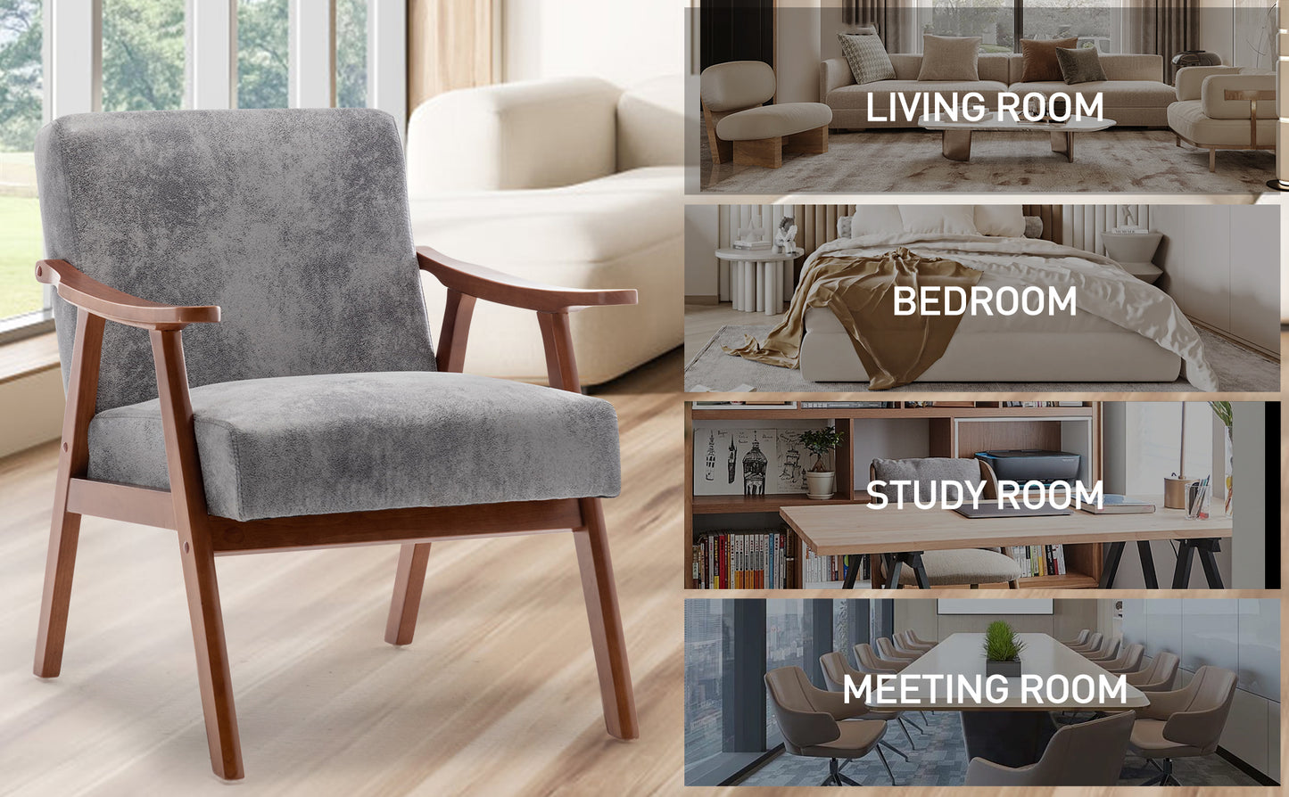 Grey fabric armchair with wooden frame