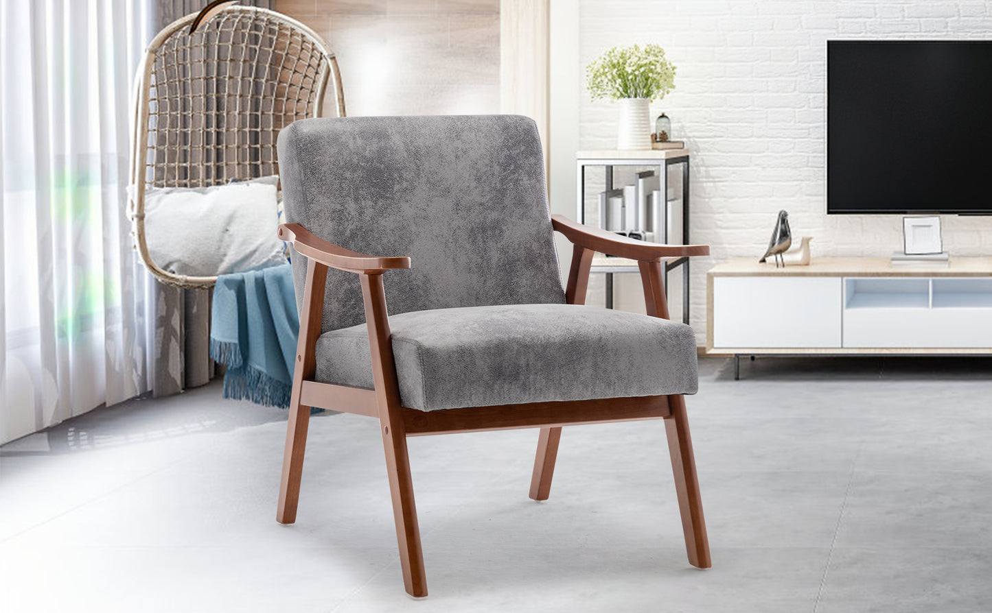 Grey fabric armchair with wooden arms and legs