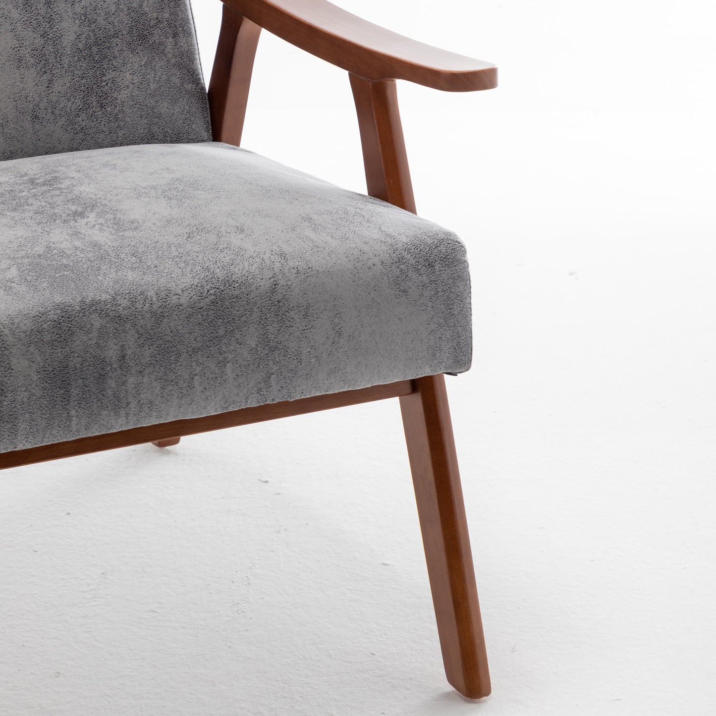 Gray textured fabric armchair with natural wood frame and armrest