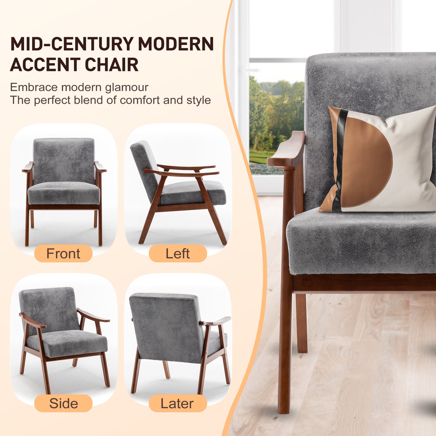 Midcentury modern accent chair with plush grey fabric upholstery and rich wooden frame
