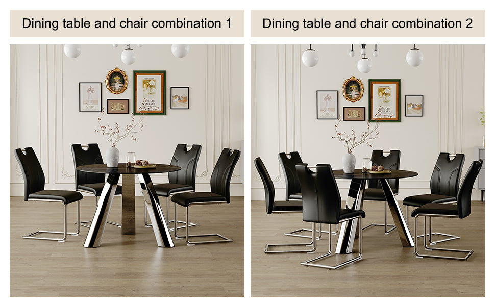 Black leather dining chairs with chrome frames around a round black marble dining table with a chrome pedestal base
