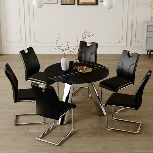 Black faux leather dining chairs with chrome sled base