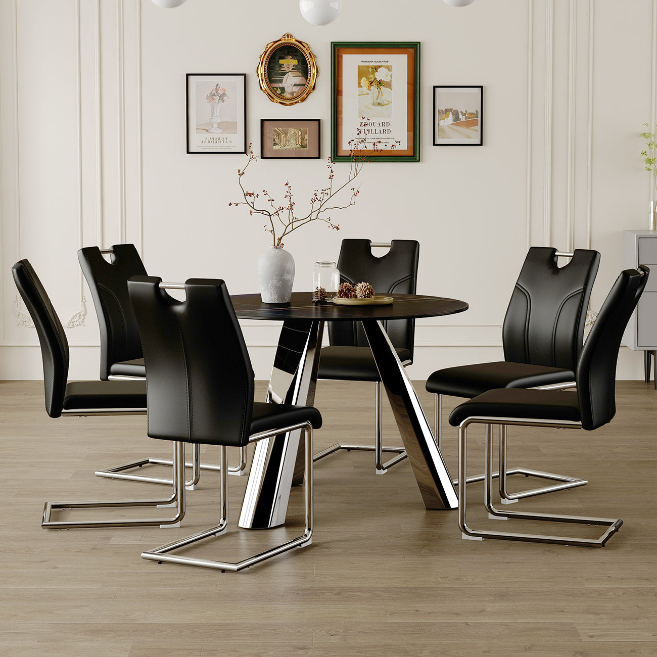 Set of  black leather dining chairs with chrome sled bases