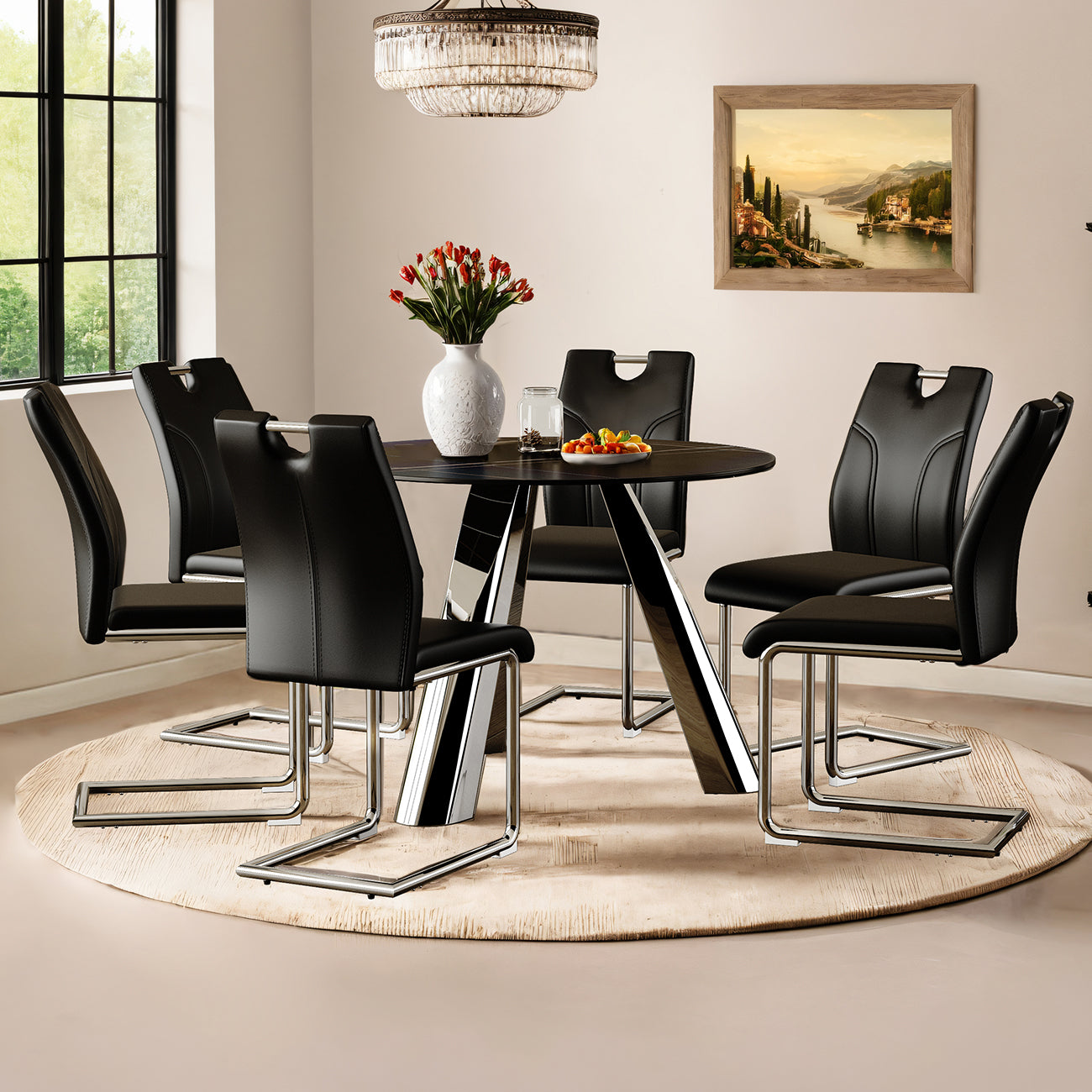 Black leather dining chairs with chrome legs